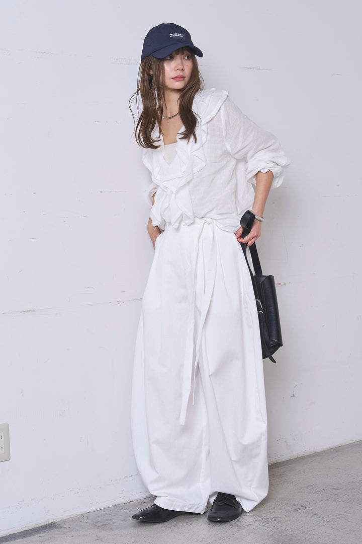 [SET]フリルボタンブラウス+紐ベルト付きカーブワイドパンツ(2set)