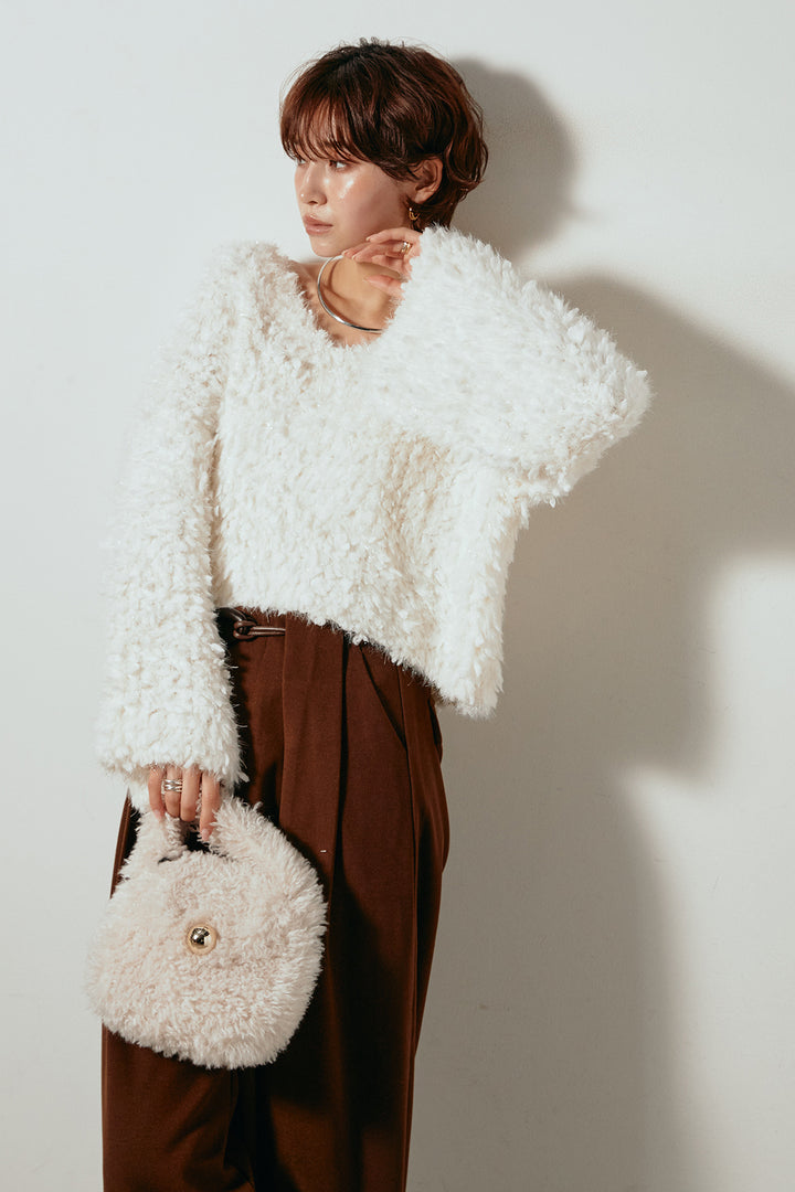 [SET]深Vネックチョウチョヤーンニットトップス+細フェイクレザーベルト付きワイドタックパンツ(2set)