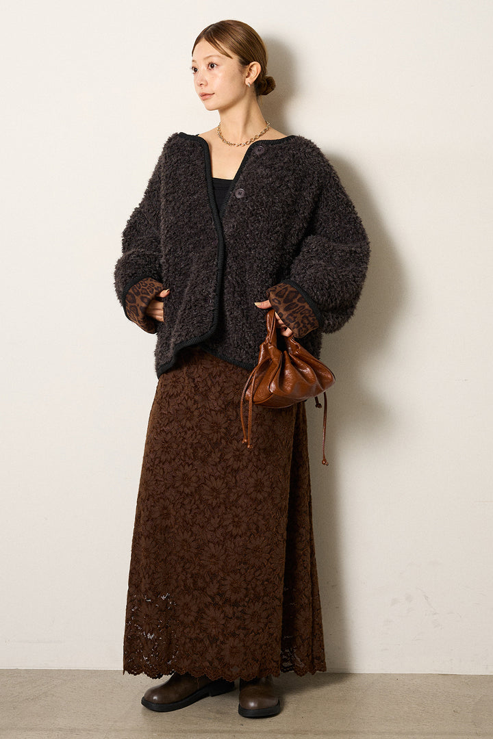 [SET]ノーカラー裏地レオパードボアアウター+花柄刺繍ベロアフレアスカート(2set)