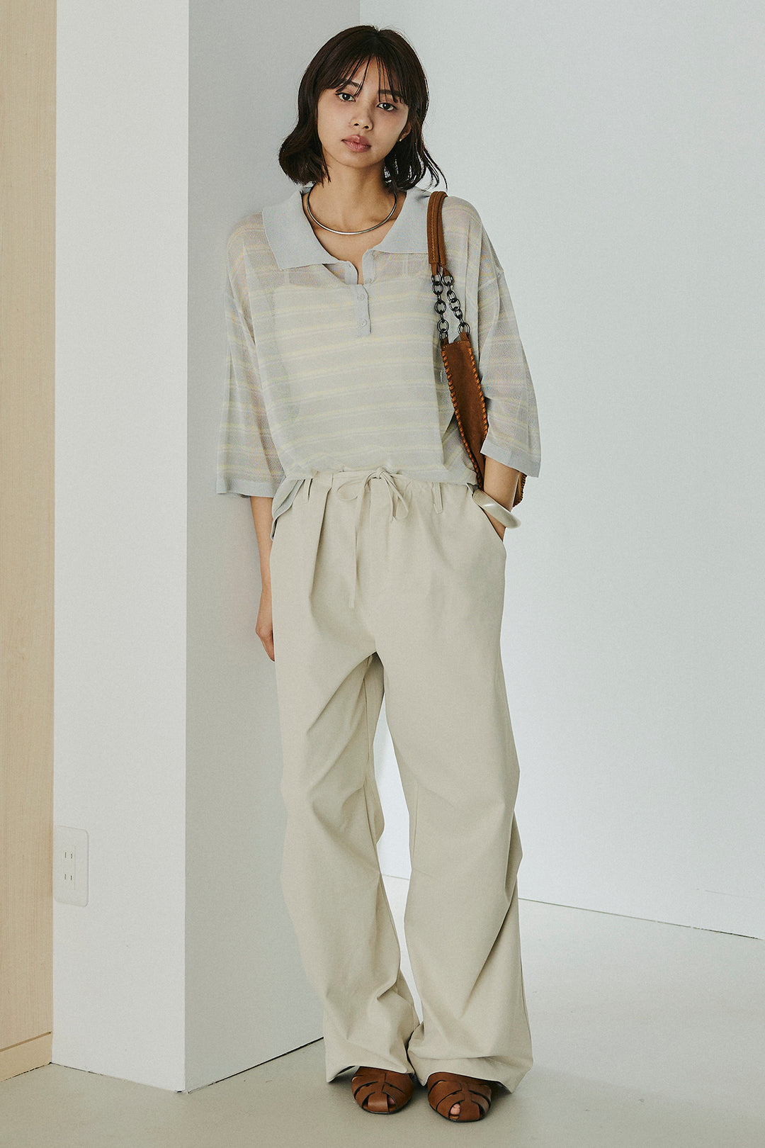 [SET]ボーダーニットポロシャツ+ニーサイドタックウエストドロスパンツ(2set)