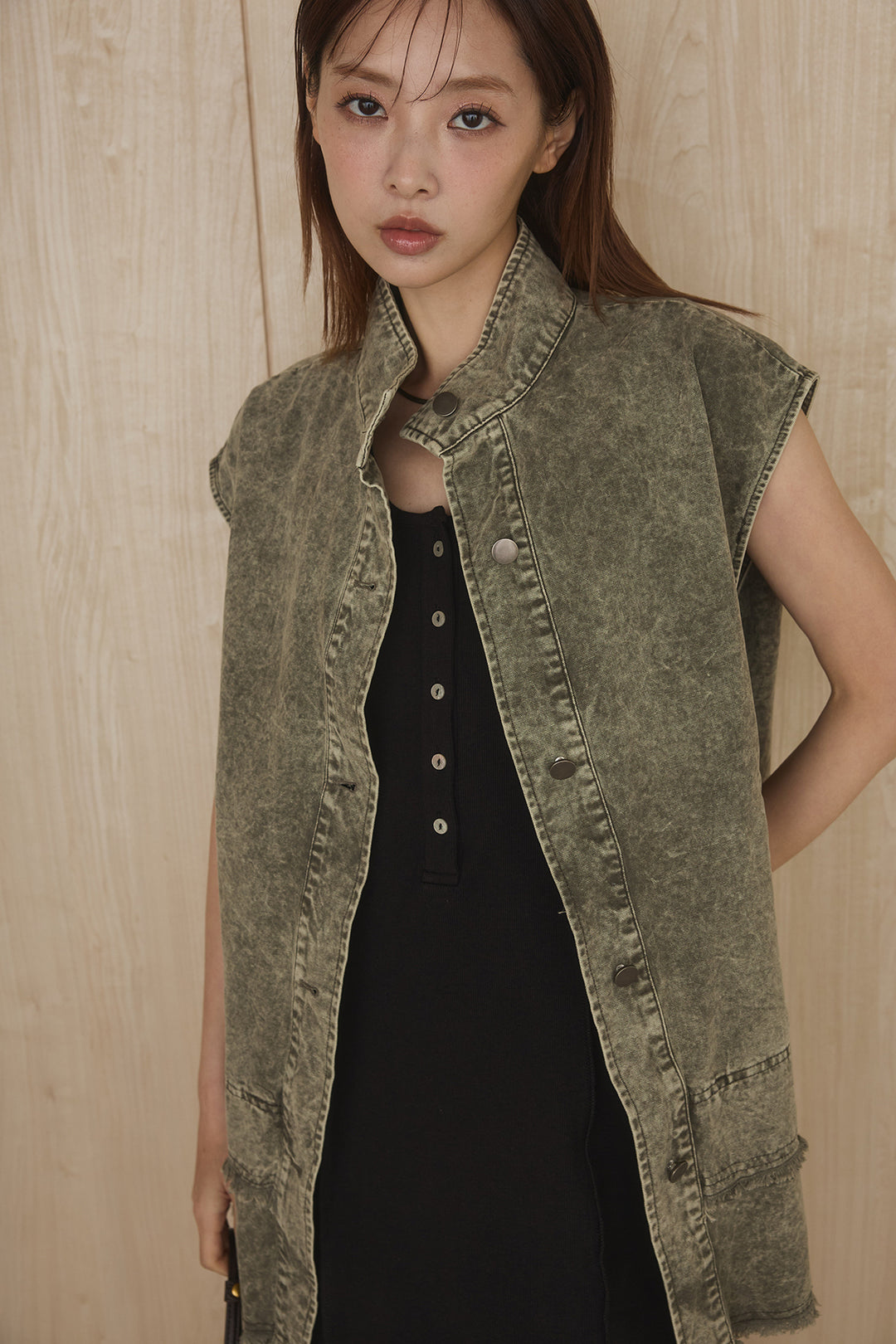 [SET]ケミカルデニムヘムカットオフジレ+ノースリロングワンピース(2set)