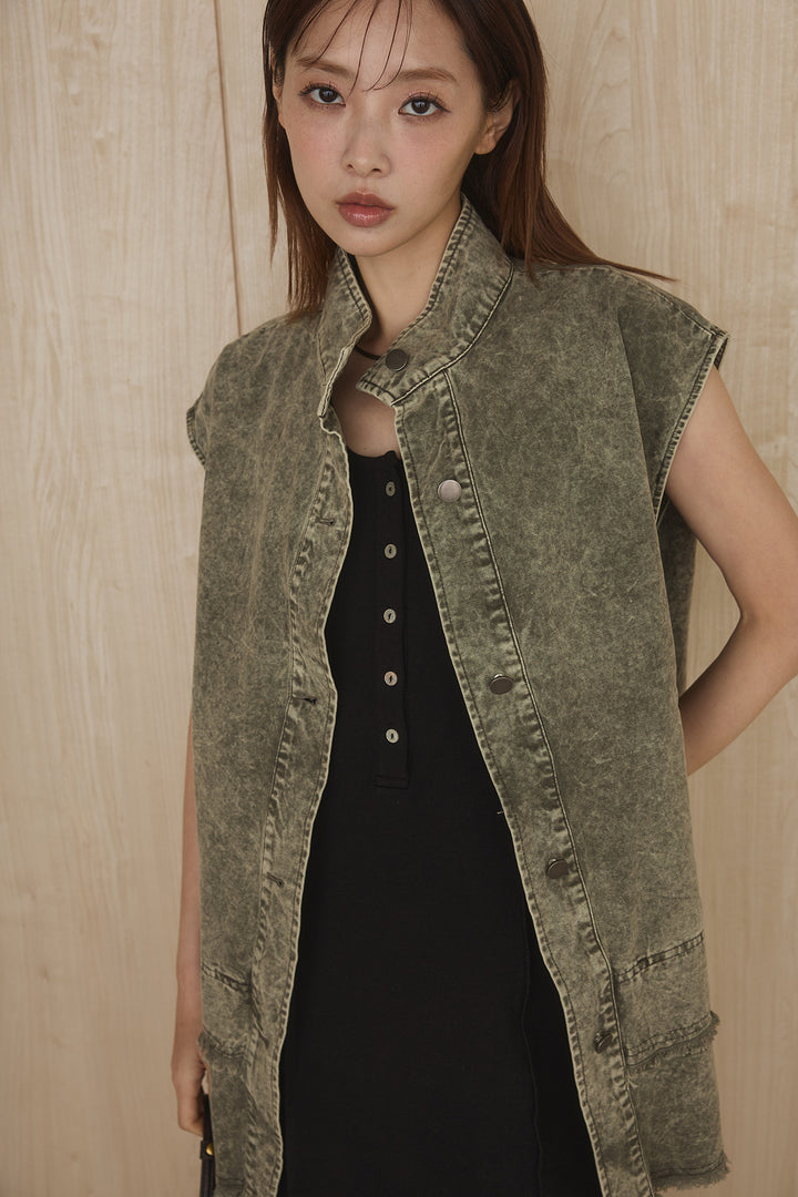 [SET]ケミカルデニムヘムカットオフジレ+ノースリロングワンピース(2set)