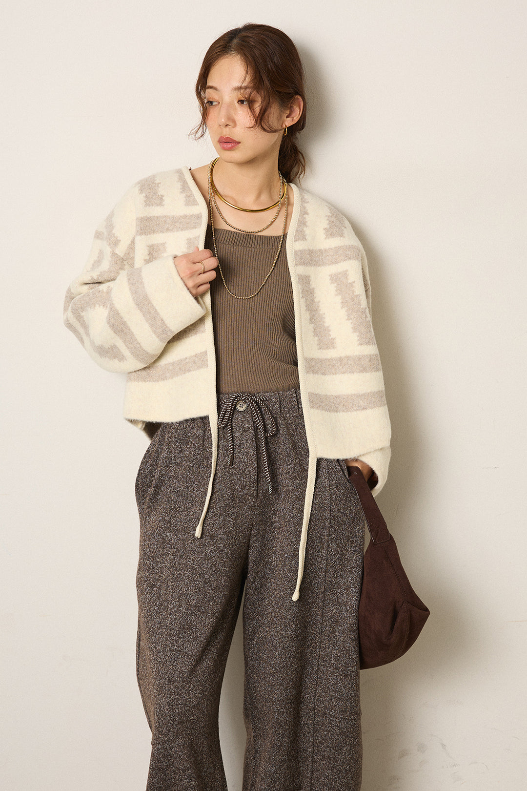 [SET]幾何学柄ノーカラーカーディガン+杢ニットフレアパンツ(2set)