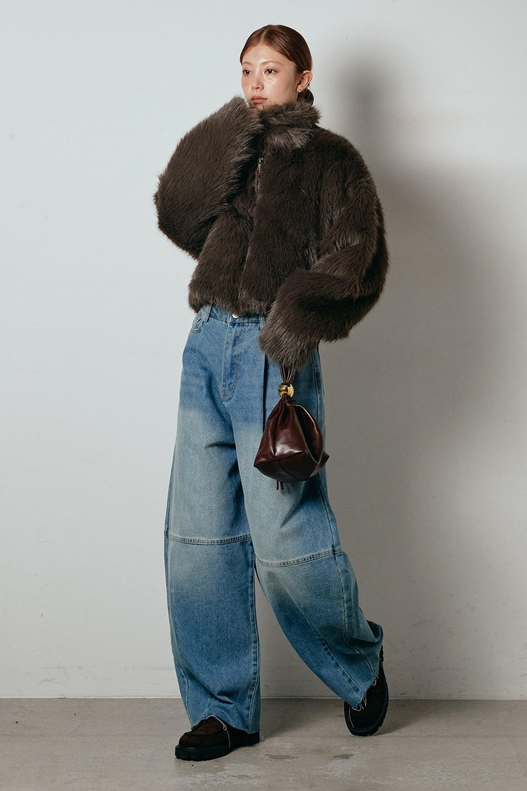 [SET]エコファーショート丈ブルゾン+加工デニムタックコクーンワイドパンツ(2set)