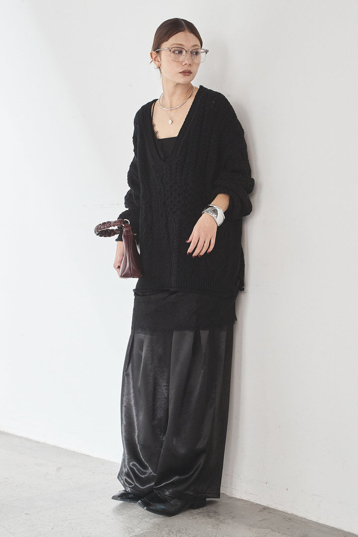 [SET]ケーブルVニットセーター+サテンタックワイドパンツ(2set)