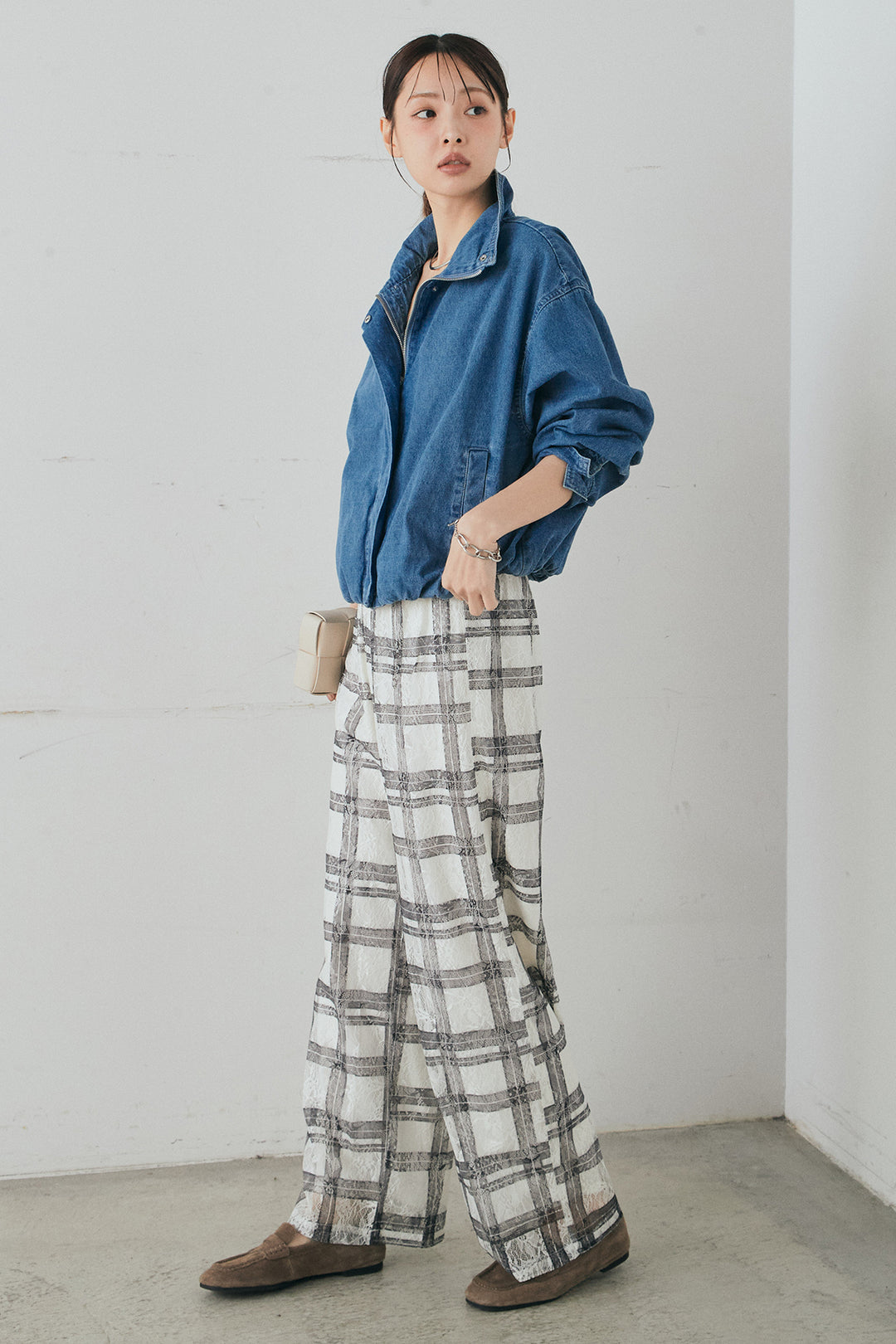 [SET]スタンドカラーデニムブルゾンジャケット+レースチェックワイドイージーパンツ(2set)