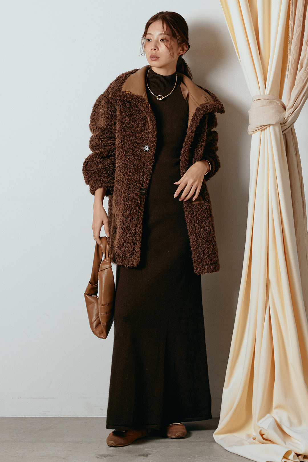 [SET]リバーシブルボアアウター+ノースリーブニットロングワンピース(2set)