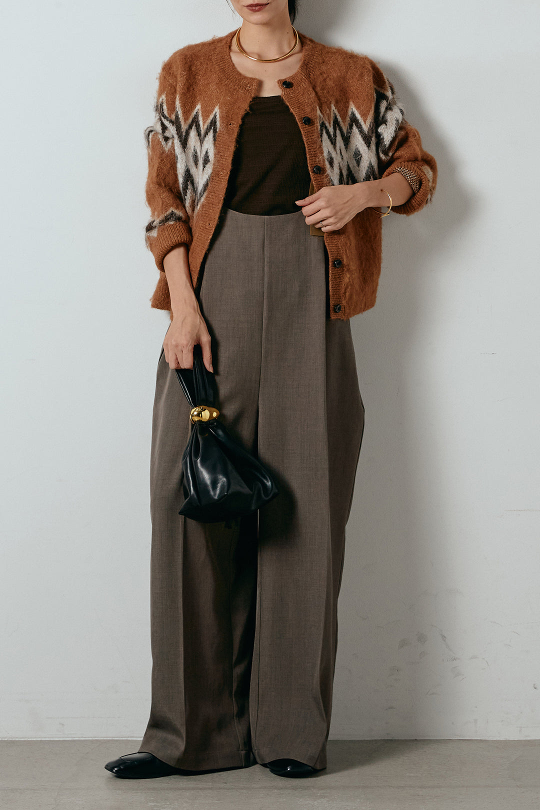 [SET]起毛ノルディック柄ニットカーディガン+ワイドツイルサロペット(2set)