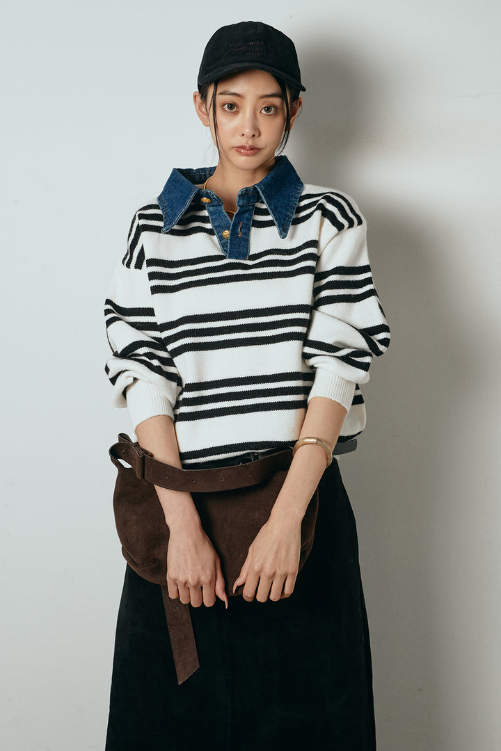 [SET]デニムレイヤード風ランダムボーダーニットプルオーバー+エコスウェードワイドスカート(2set)