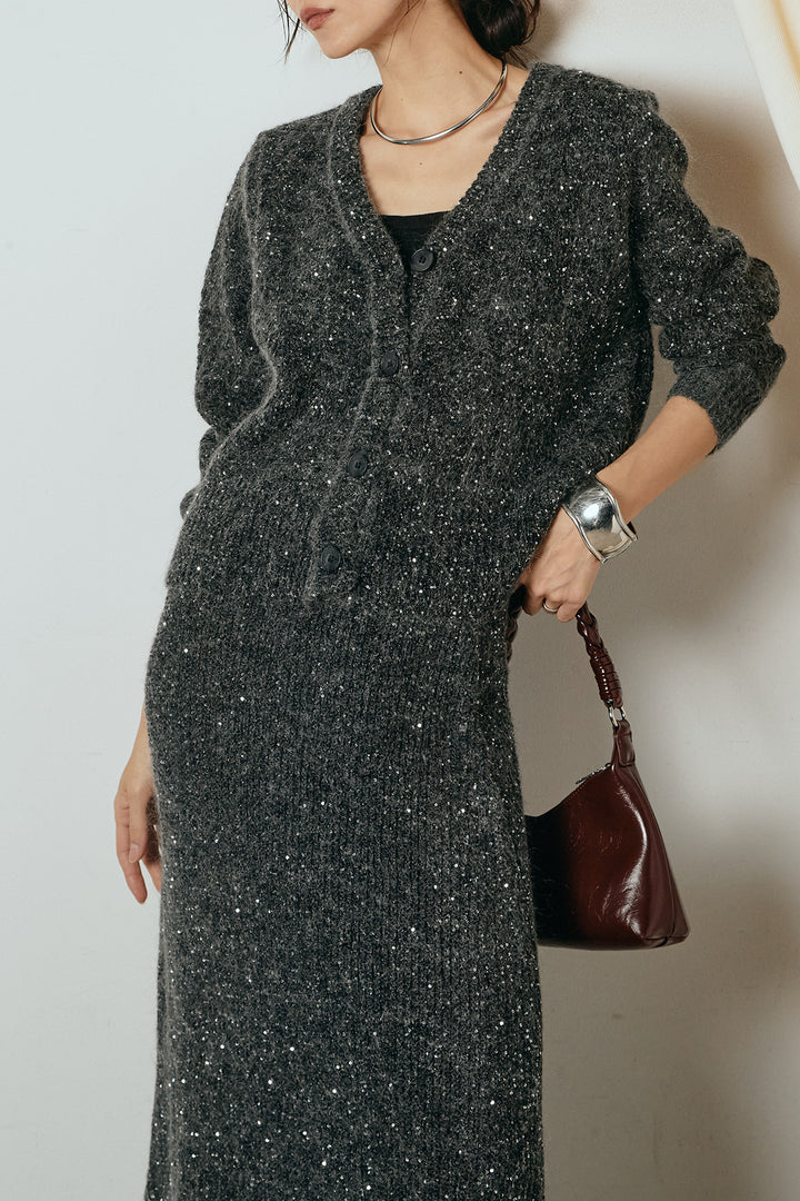 [SET]ミニラメニットカーディガン+ミニラメニットスカート(2set)