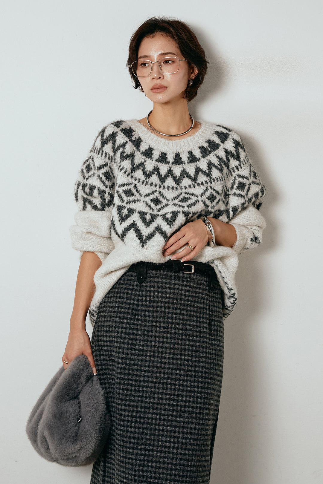 [SET]ノルディック柄Uネックプルオーバー+スエード調ベルト付きチェックナロースカート(2set)