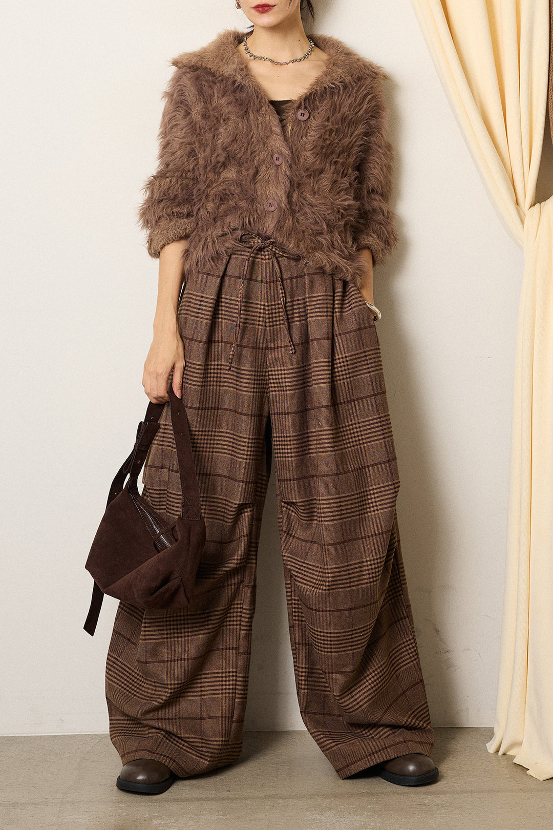[SET]襟付きシャギーニットカーディガン+グレンチェックルーズタックパンツ(2set)