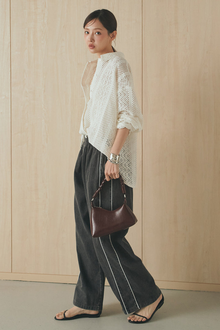 [SET]長袖襟付きレースシャツ+ドロストサイドラインデニムパンツ(2set)
