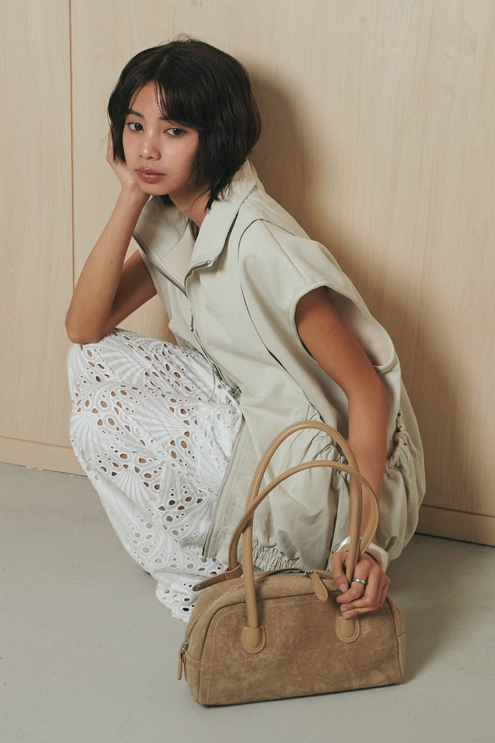 [SET]ショルダー切替スタンドネックジップベスト+レース刺繍リラックスパンツ(2set)