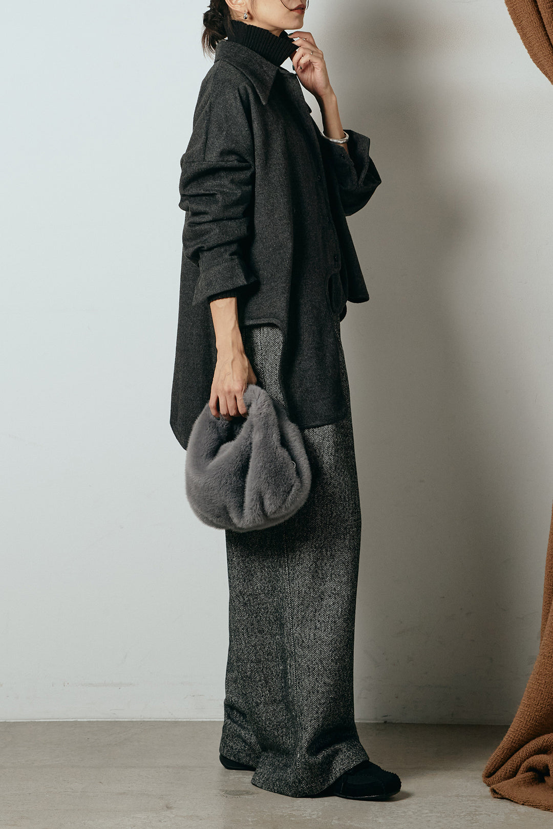 [SET]裾アシンメトリーデザインシャツ+タックツイードワイドパンツ+リブニットシームレスタートルプルオーバー(3set)