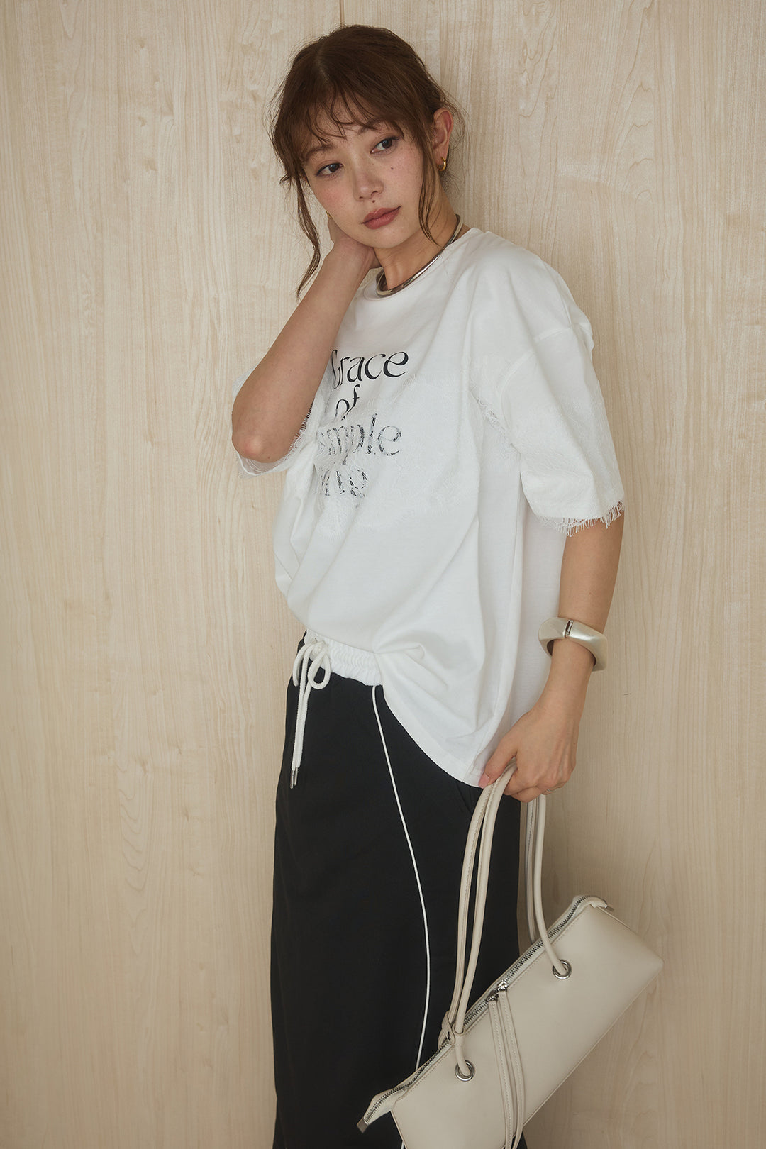 [SET]レースロゴプリントTシャツ+ミニ裏毛ストレートスカート(2set)