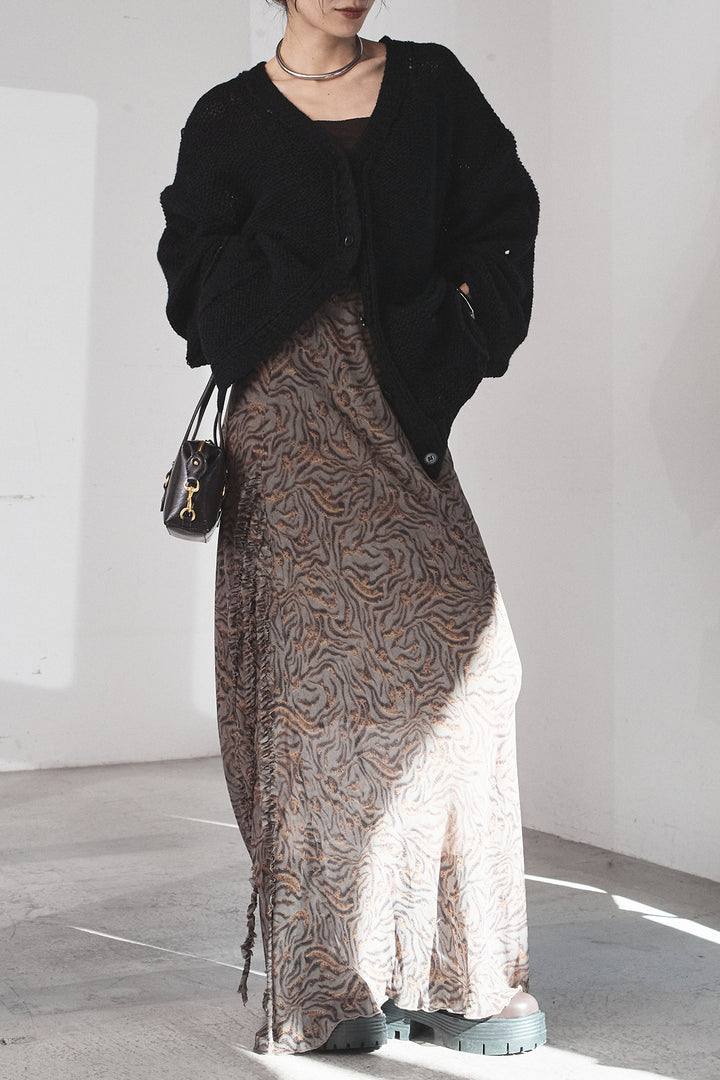 [SET]コード刺繍リラックスニットカーディガン+抽象柄ロングスカート(2set)