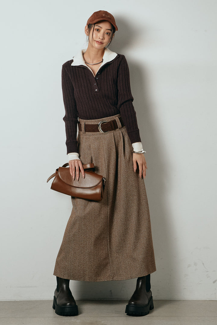 [SET]レイヤード風リブニットトップス+太ベルト付きヘリンボーンプリーツスカート(2set)