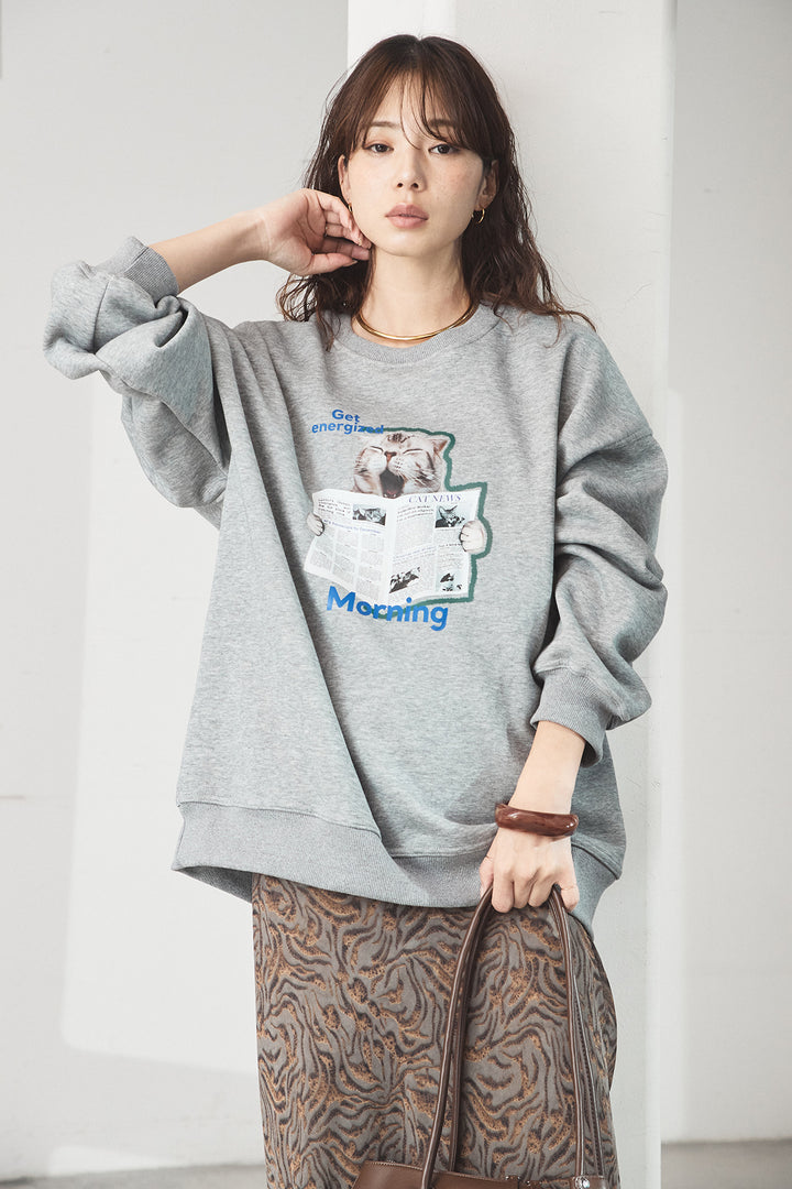 [SET]裏起毛モーニングキャットプリントスウェット+抽象柄ロングスカート(2set)