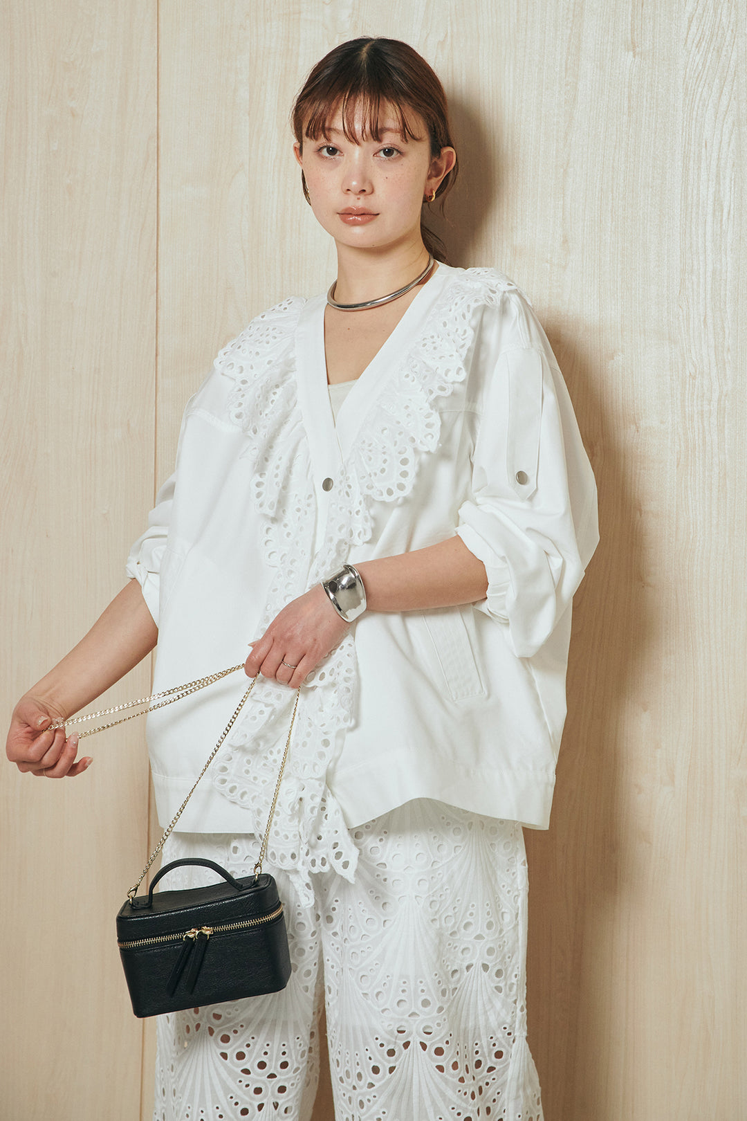 [SET]レースフリルドッキングアウター+レース刺繍リラックスパンツ(2set)