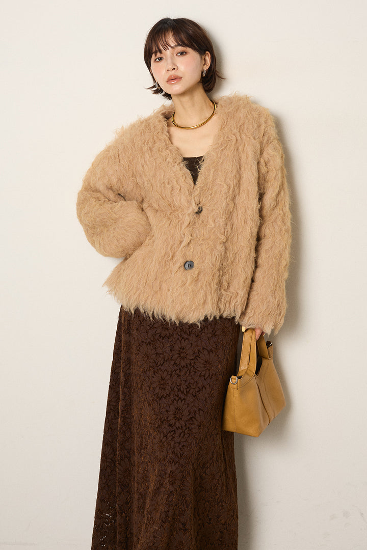 [SET]起毛シャギーニットカーディガン+花柄刺繍ベロアフレアスカート(2set)