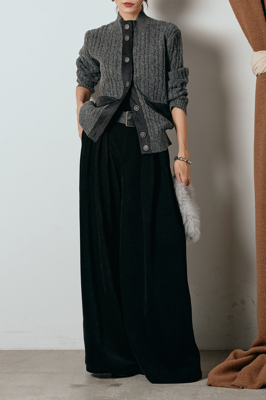 [SET]ボトルネックケーブルニットカーディガン+ベルトループコーデュロイワイドパンツ(2set)