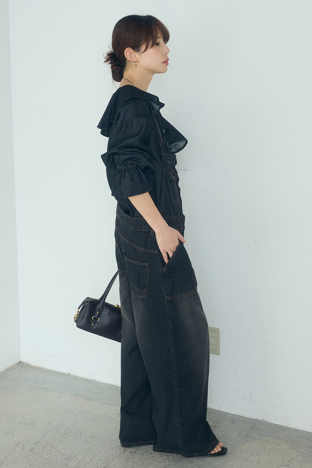 [SET]デニムフリルブラウス+デニムサロペットワイドパンツ(2set)