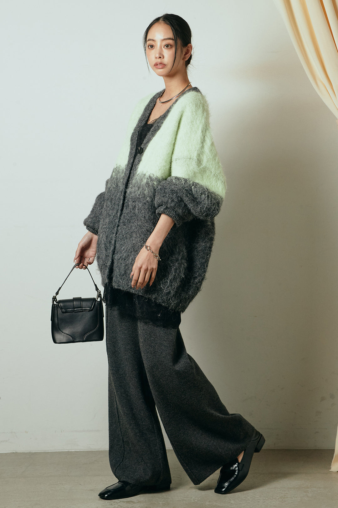 [SET]起毛グラデーションニットカーディガン+レース切り替えキャミソール+センターラインニットパンツ(3set)