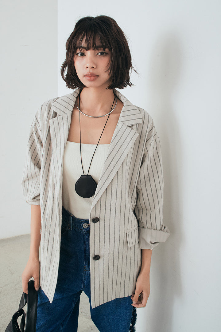 [SET]リネンライクストライプテーラードジャケット+デニムサイドフリルパンツ(2set)