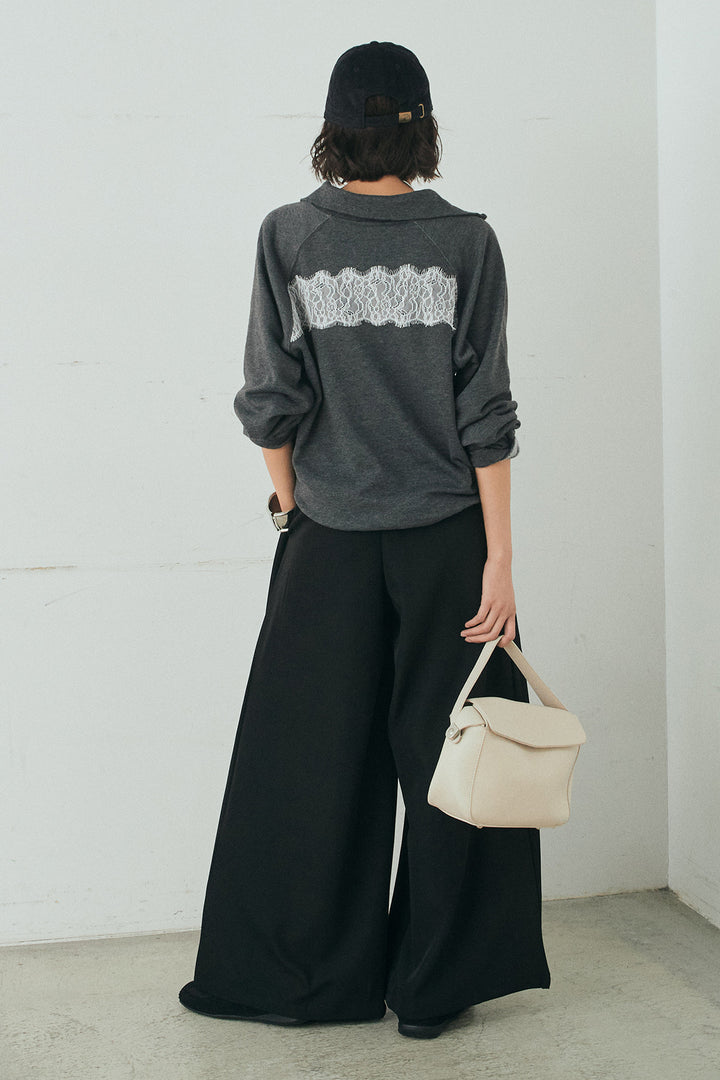 [SET]リバーレースハーフジップ裏毛スウェット+ベルト付きタックデザインハイウエストロングパンツ(2set)