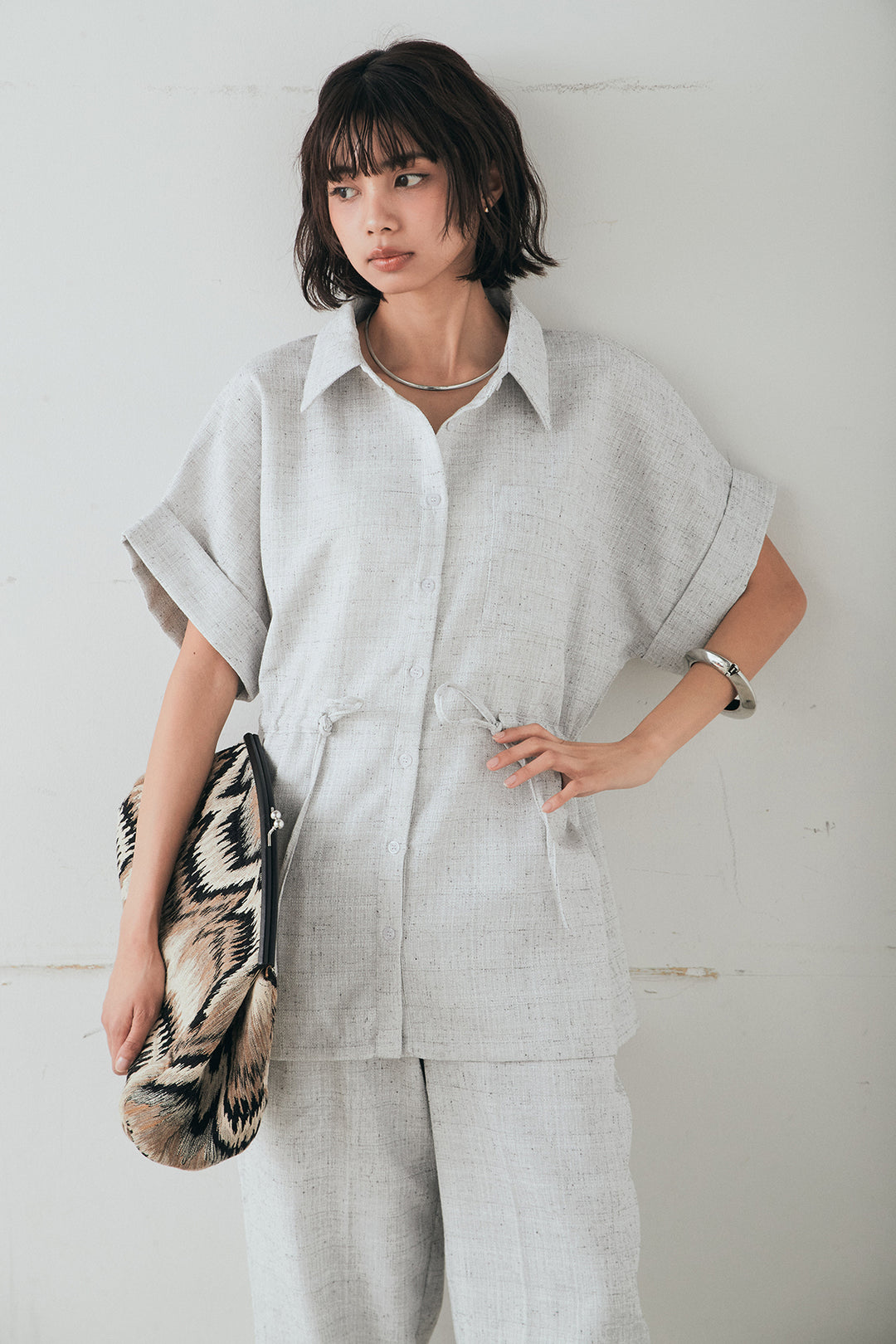 [SET]ツイードウエストドロストシャツ+ツイードタックパンツ(2set)