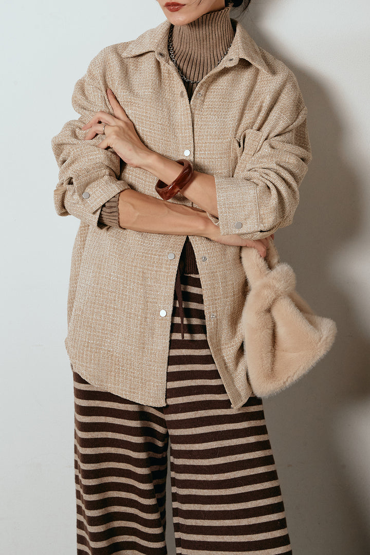 [SET]ルーズクラッシュツイルシャツ+リブニットシームレスタートルプルオーバー+ボーダーリラックスニットパンツ(3set)