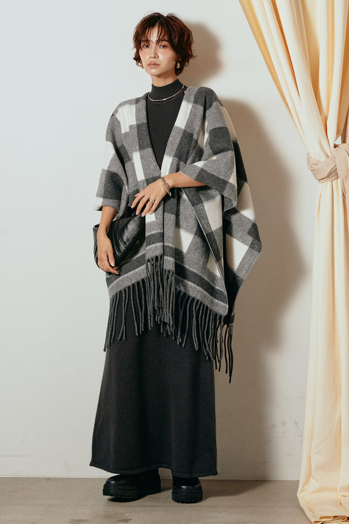 [SET]裾フリンジ柄ポンチョアウター+ノースリーブニットロングワンピース(2set)