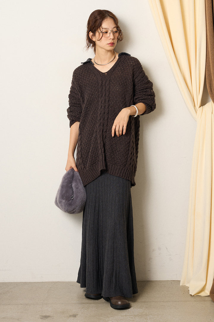 [SET]デニムカラーケーブルオーバーニット+編み地切り替えフレアニットスカート(2set)