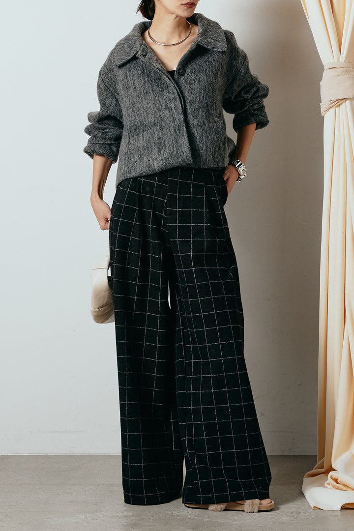 [SET]シャギーショートジャケット+スクエアチェック柄ワイドパンツ(2set)