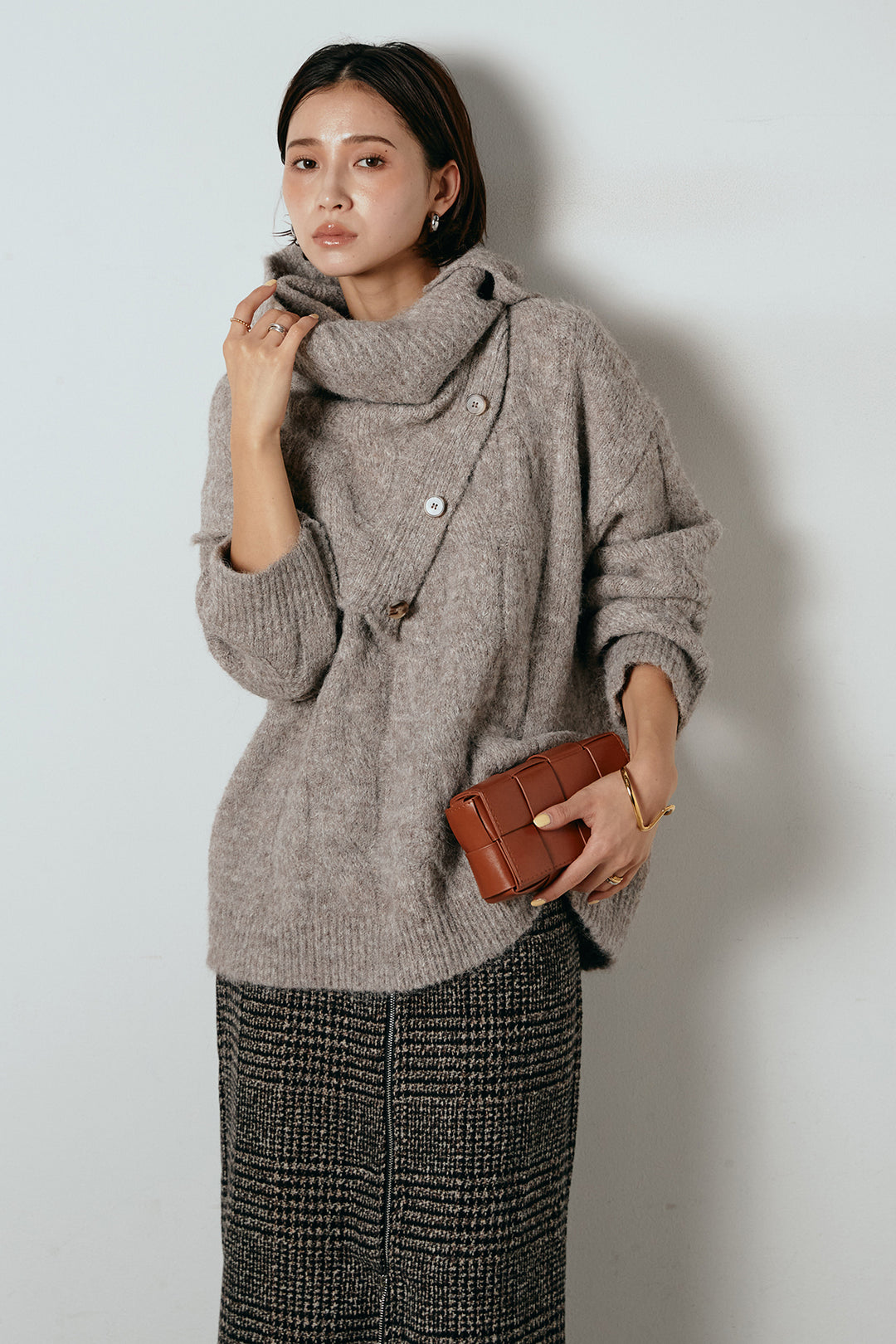 [SET]ケープデザインケーブルニットトップス+グレンチェック柄フロントジップタイトスカート(2set)