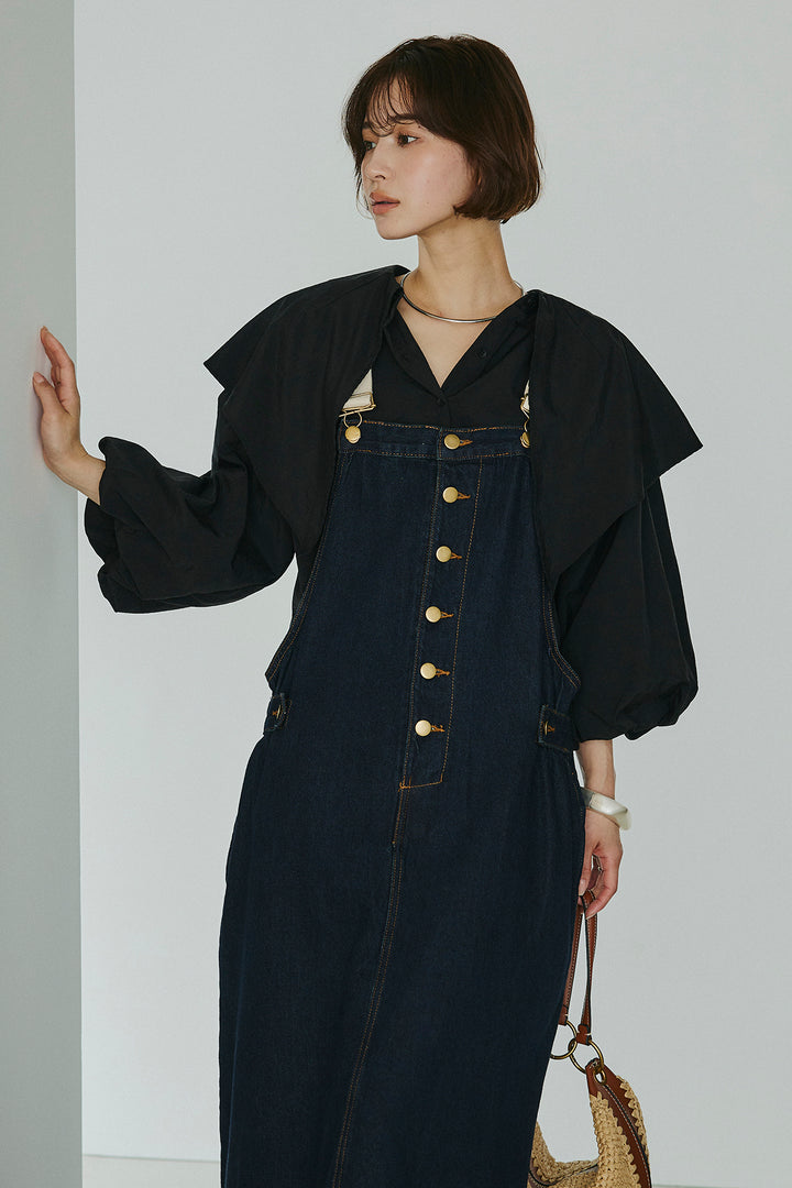 [SET]ケープカラーナイロンブラウス+配色ショルダーデニムサロペットスカート(2set)