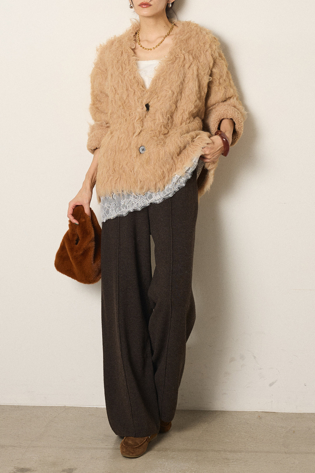 [SET]起毛シャギーニットカーディガン+センターラインニットパンツ(2set)