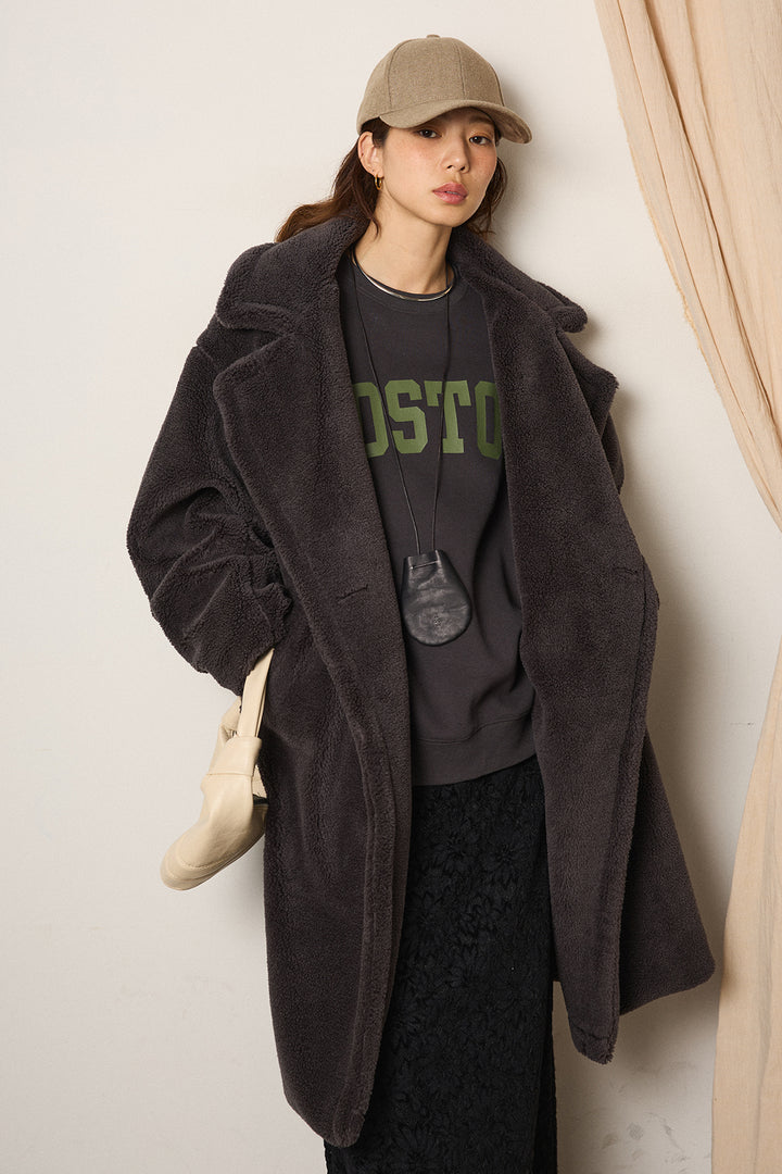 [SET]テディボアロングコート+ロゴデザインルーズスウェット+花柄刺繍ベロアフレアスカート(3set)