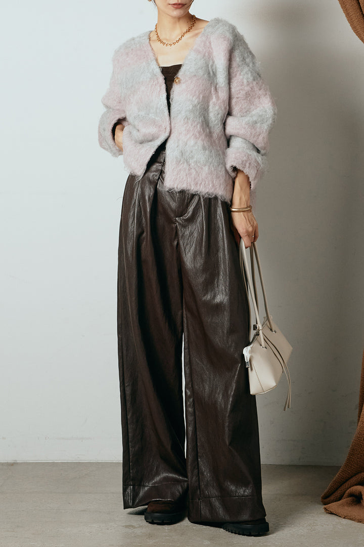 [SET]シャギーボーダー柄ニットカーディガン+ベルト付きレザーライクタックパンツ(2set)