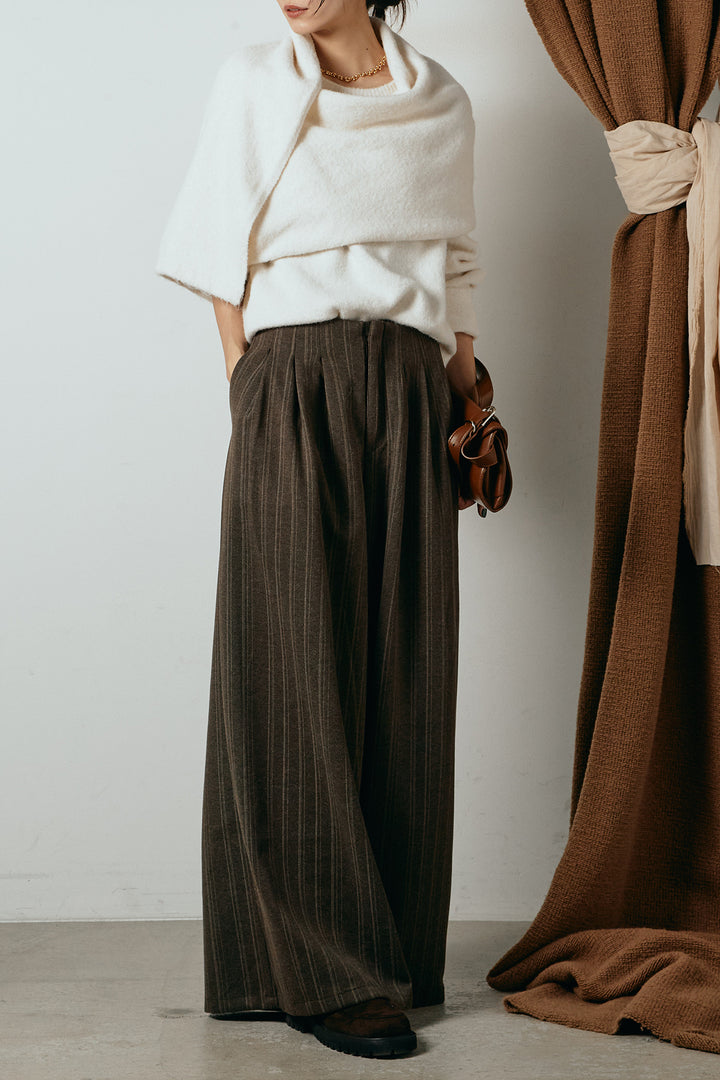 [SET]ネック巻きデザインニットトップス+タック入りマルチストライプ柄ワイドパンツ(2set)