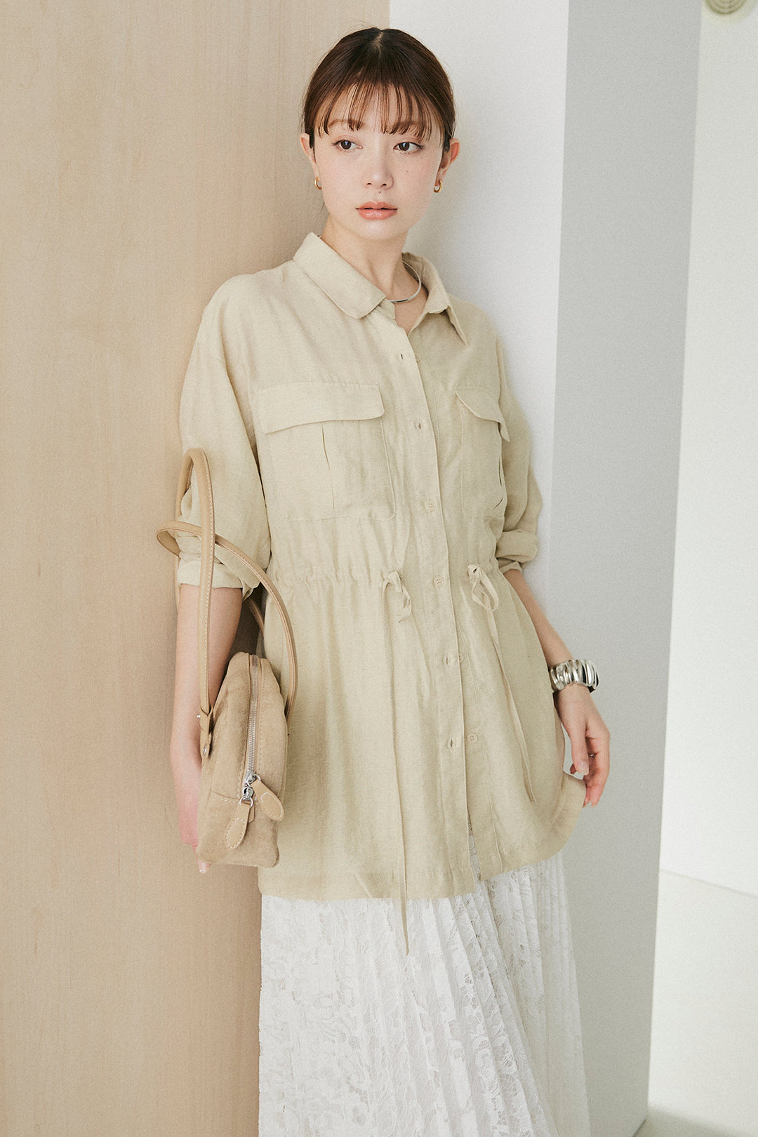 [SET]リネンブレンドシアーサファリシャツ+リラックスプリーツスカート(2set)