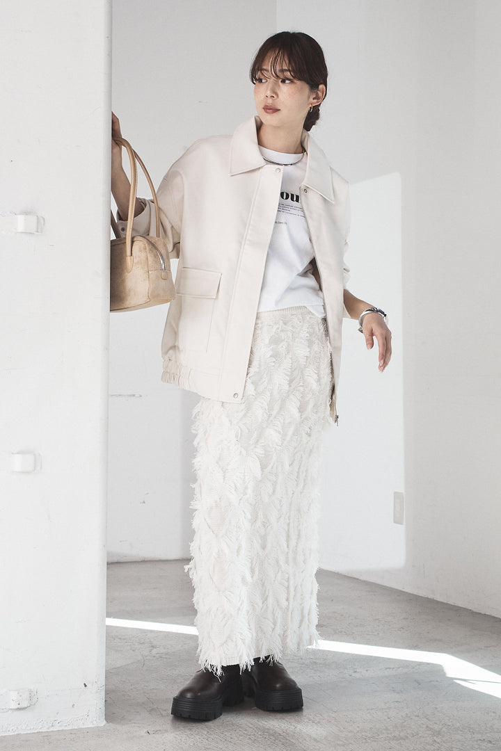 [SET]レザーライクオーバーサイズブルゾン+カットフリンジニットタイトスカート(2set)