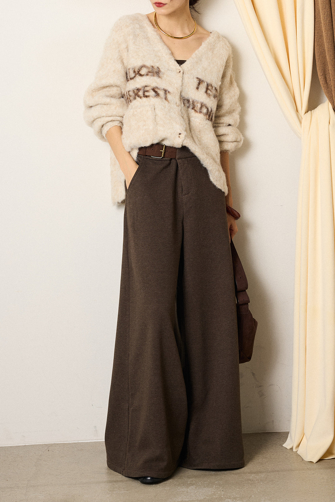 [SET]ウール混透かしロゴニットカーディガン+サイドベルトパンツ(2set)