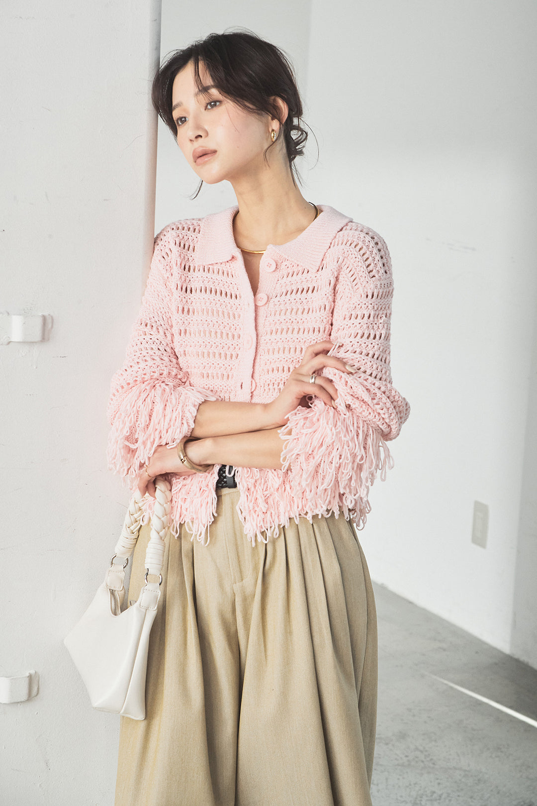 [SET]メッシュフリンジカーディガン+編みベルト付きウエストタックワイドパンツ(2set)