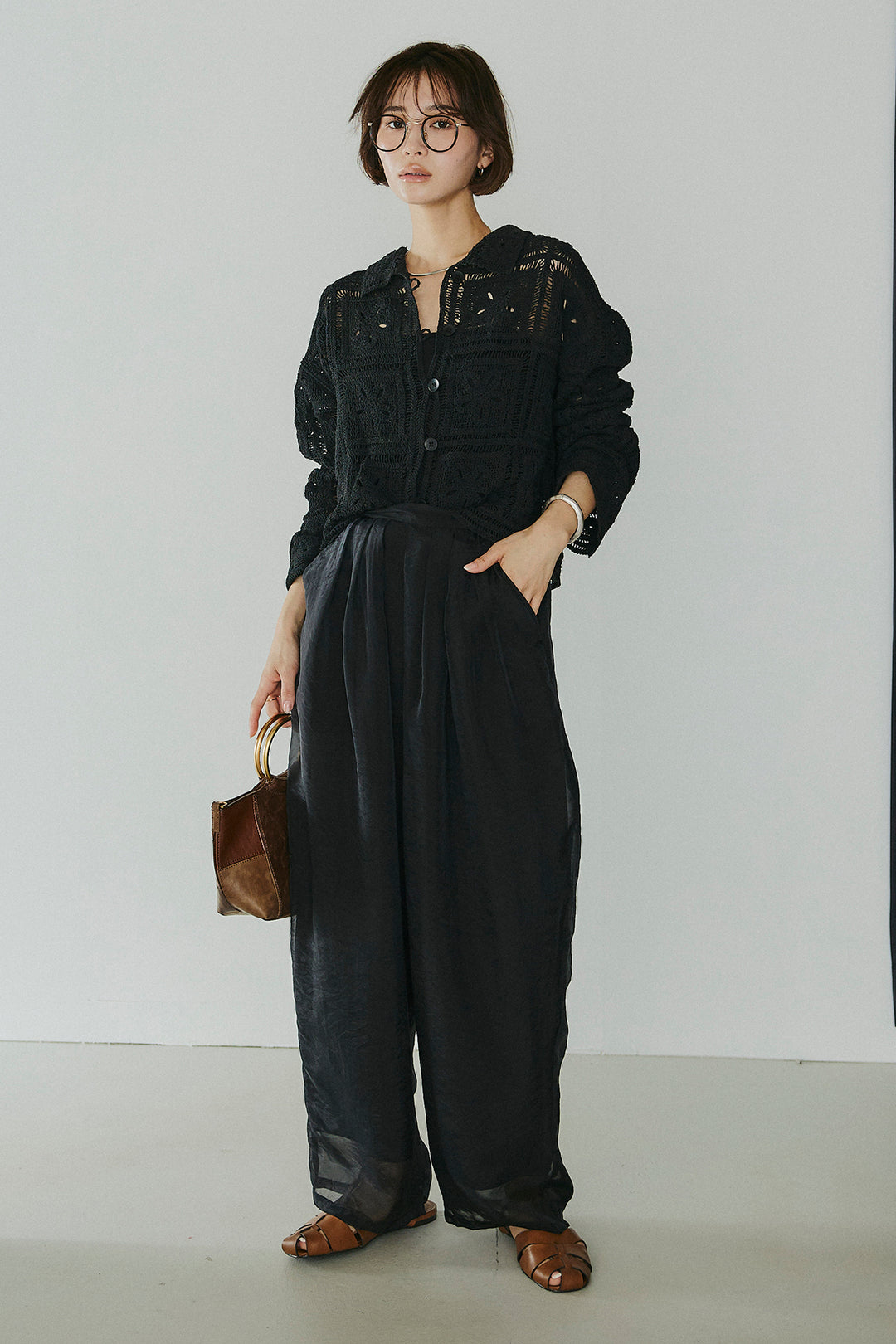 [SET]鍵編みフラワーレースカーディガン+オーガンジータックパンツ(2set)