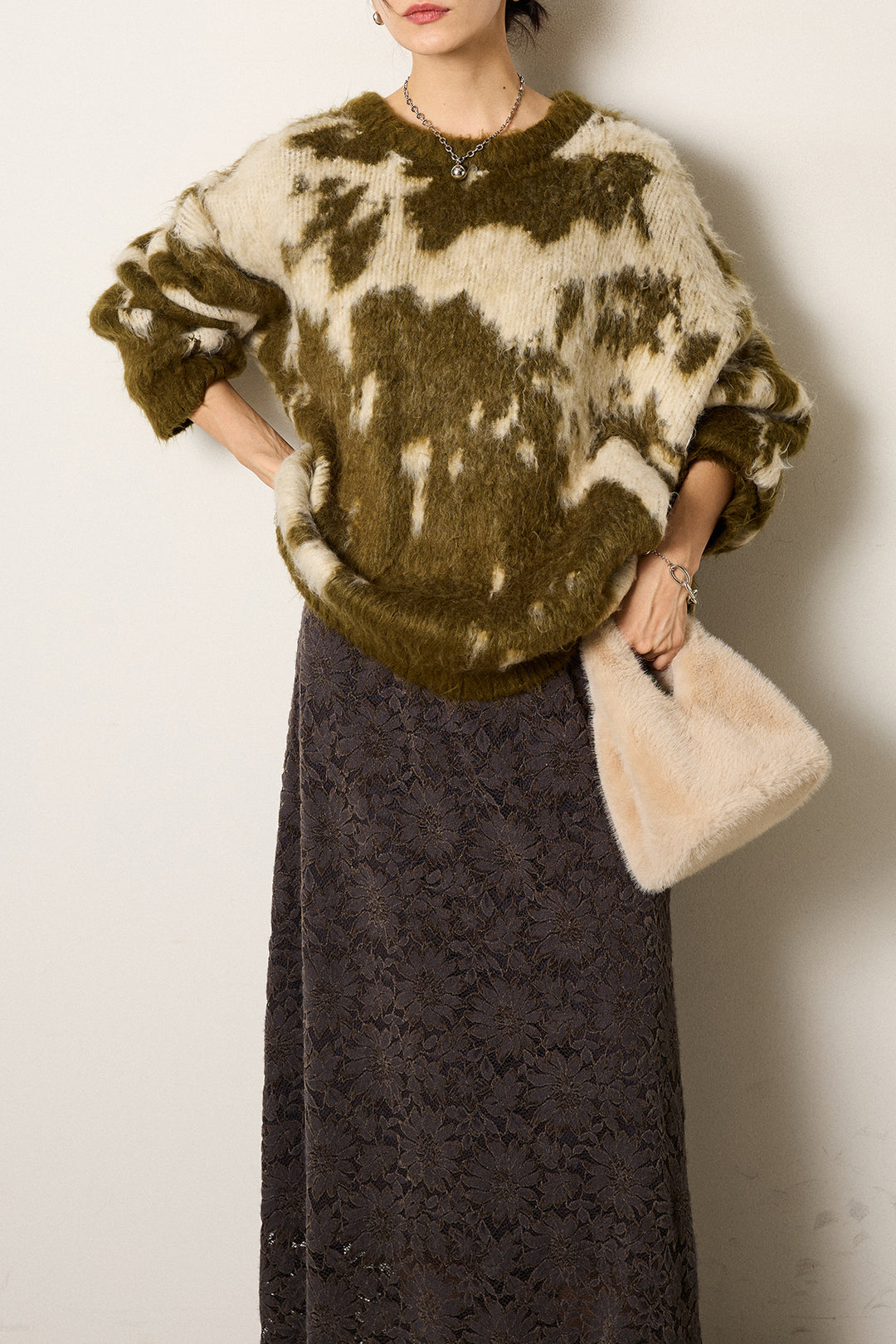 [SET]モヘアタッチマーブルニット+花柄刺繍ベロアフレアスカート(2set)