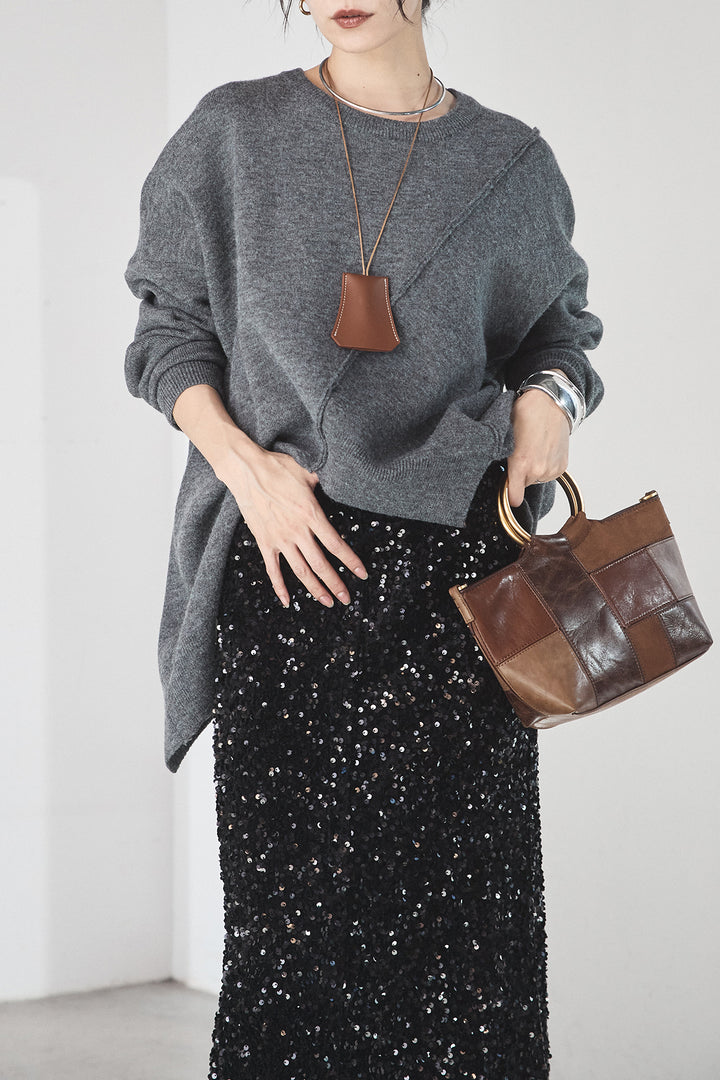 [SET]アシンメトリーデザインニットトップス+スパンコールニットワイドスカート(2set)