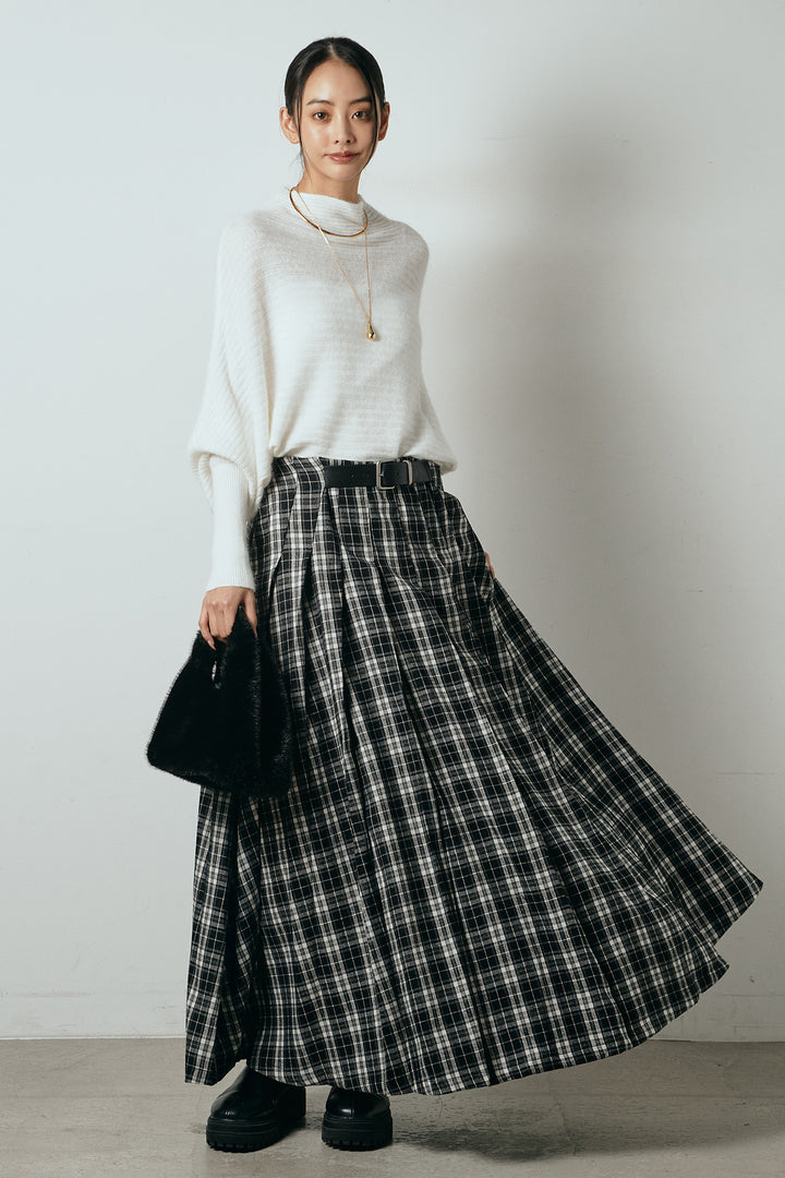 [SET]ポンチョシルエット透かしニットトップス+ベルト付きタータンチェックプリーツスカート(2set)