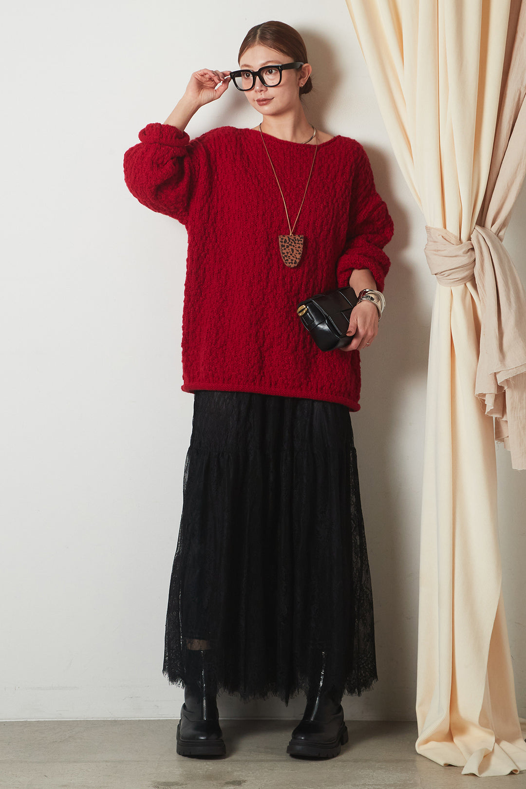 [SET]ボリューム編みニットプルオーバー+ひげレース切替ロング丈スカート(2set)